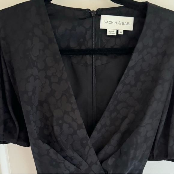 Sachin & Babi Black Puff Sleeve Ruffle Front Belted Rylee Midi Dress | 6 - Picture 3 of 9